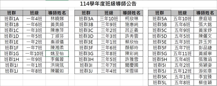 114學年度一三五年級班級導師公告圖片